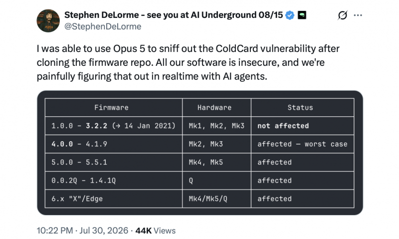 
			Именно ИИ помог обнаружить уязвимость в системе безопасности Coldcard?		